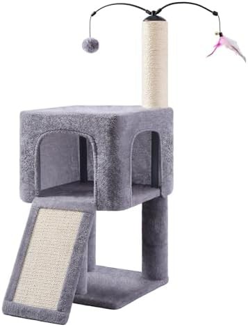 Gray two level cat condo with ramp