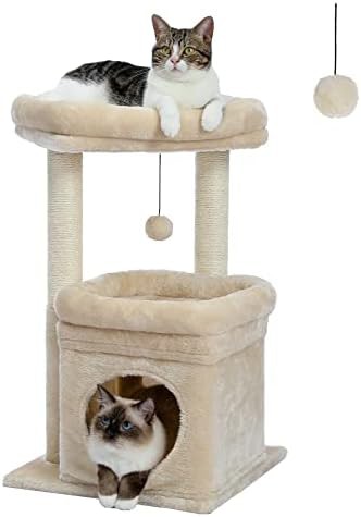 Small beige cat tower with private condo