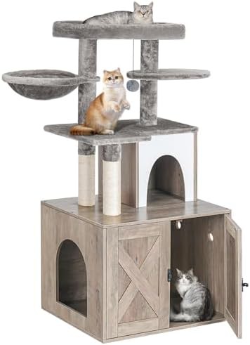 Grey wooden litter box enclosure with tree