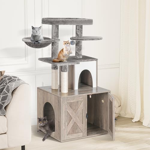 Grey wooden litter box enclosure with tree — photo 3