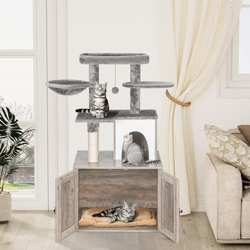 Grey wooden litter box enclosure with tree — photo 4