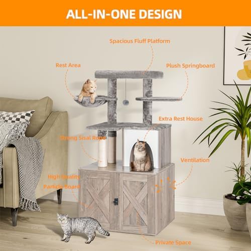 Grey wooden litter box enclosure with tree — photo 5