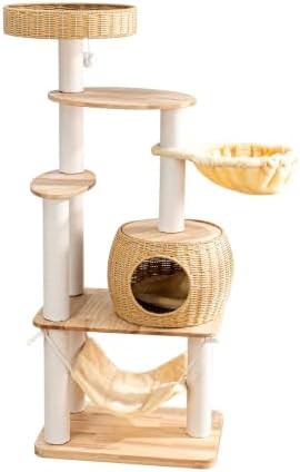 Tall wood cat tree with woven bed