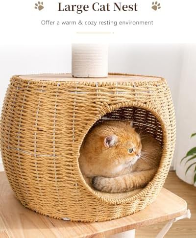 Tall wood cat tree with woven bed — photo 5