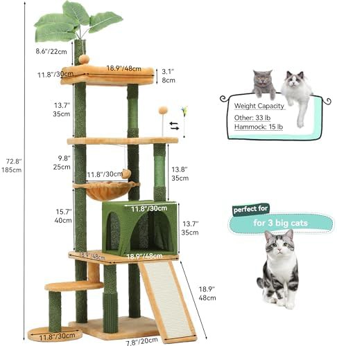 Tall leafy cat tower with scratching ramp — photo 4