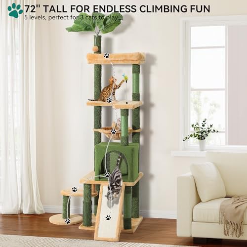 Tall leafy cat tower with scratching ramp — photo 5