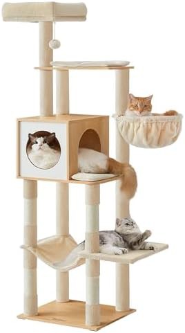 Tall multi level cat tower with hammock cave