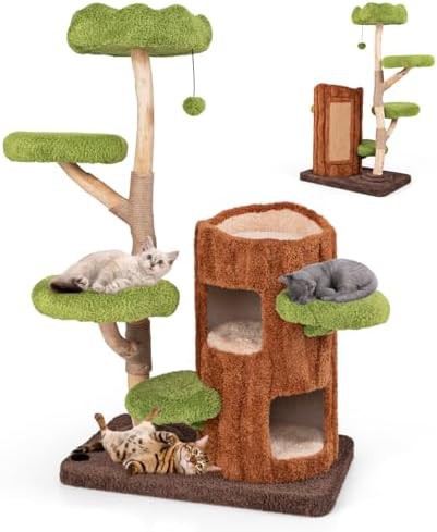 Wooden cat tree with double decker house