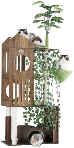 Tall greige cat tree with decorative leaves