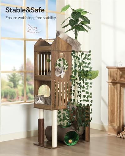 Tall greige cat tree with decorative leaves — photo 3