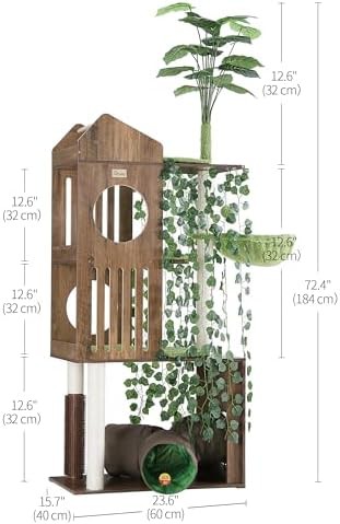Tall greige cat tree with decorative leaves — photo 4