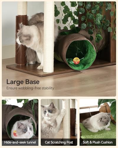 Tall greige cat tree with decorative leaves — photo 5