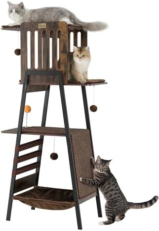 Solid wood cat tower with large hammock