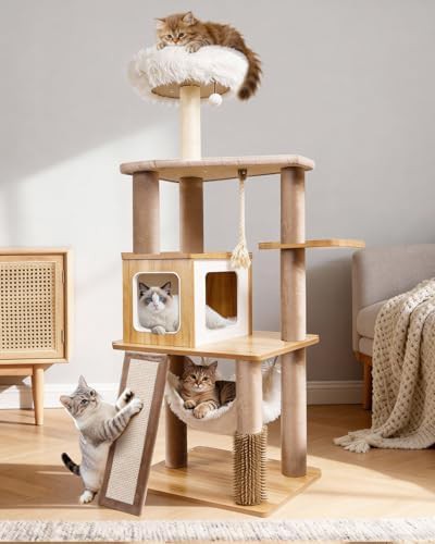 Modern cat tree with grooming brush