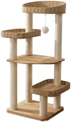 Wooden cat tower with rattan baskets