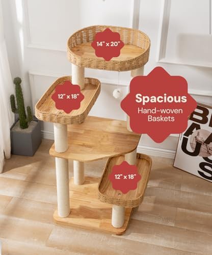 Wooden cat tower with rattan baskets — photo 3
