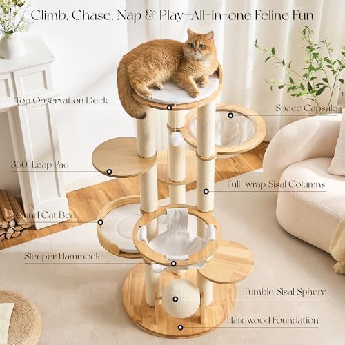 Tall oak wood cat tower with capsule — photo 3