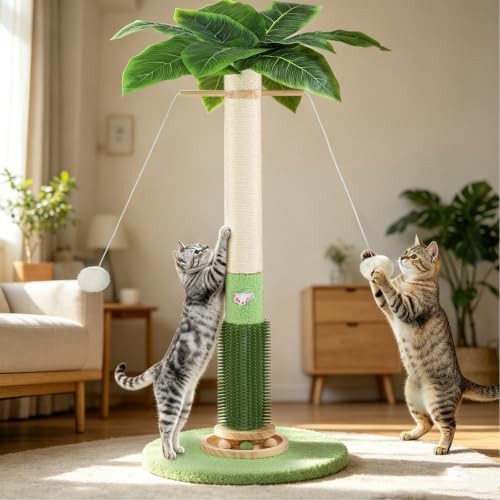 Green sisal scratching post with toys