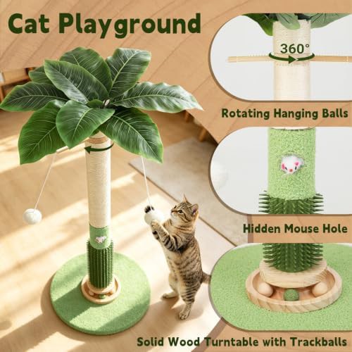 Green sisal scratching post with toys — photo 3