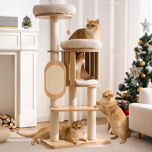Modern wood cat tower with hidden condo