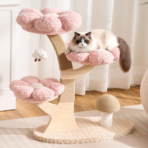 Pink flower cat tree with natural branch