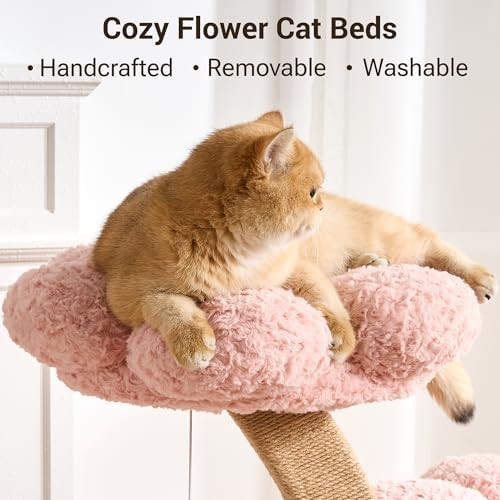 Pink flower cat tree with natural branch — photo 4