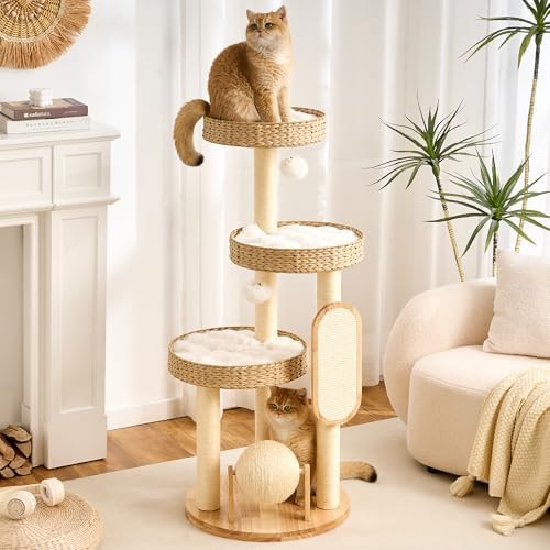Wood cat tree with wicker rattan