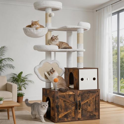 Modern cat tower with hidden litter enclosure