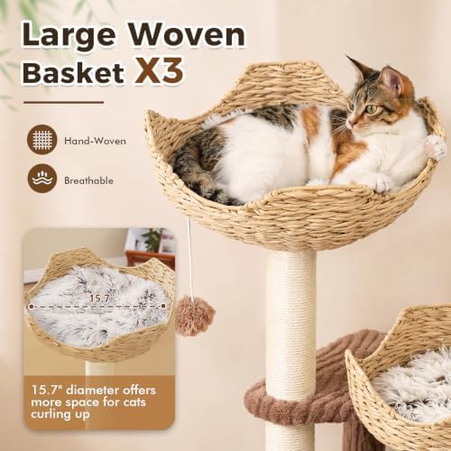 Modern brown cat tower with rattan baskets — photo 4
