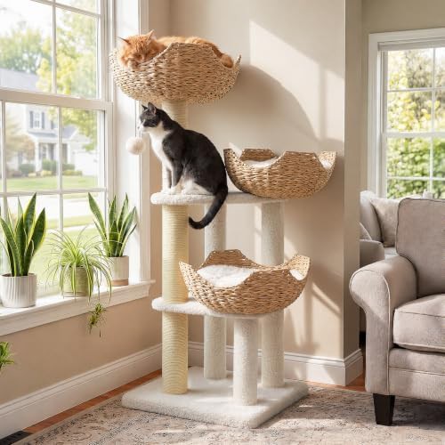 White modern cat tree with wicker baskets