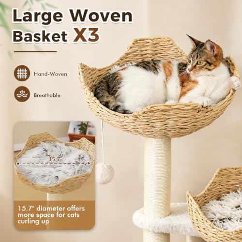 White modern cat tree with wicker baskets — photo 3