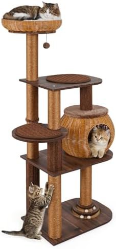 Tall rattan cat tree with ball track