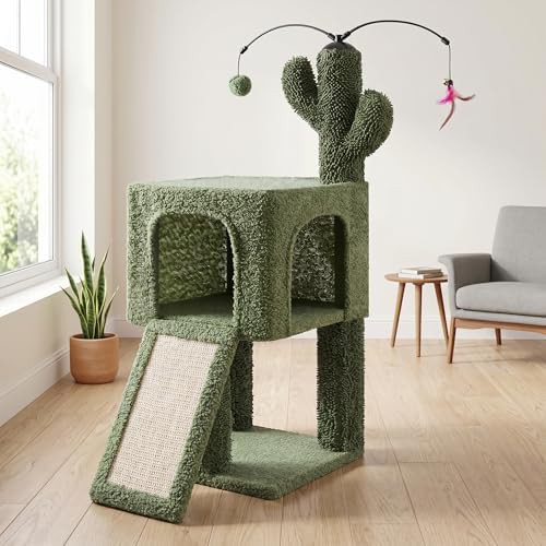 Green cactus cat tree with scratching ramp — photo 3