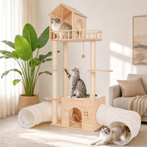 Tall wood cat tree with double tunnels