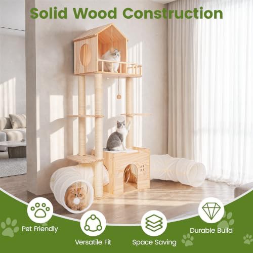 Tall wood cat tree with double tunnels — photo 3