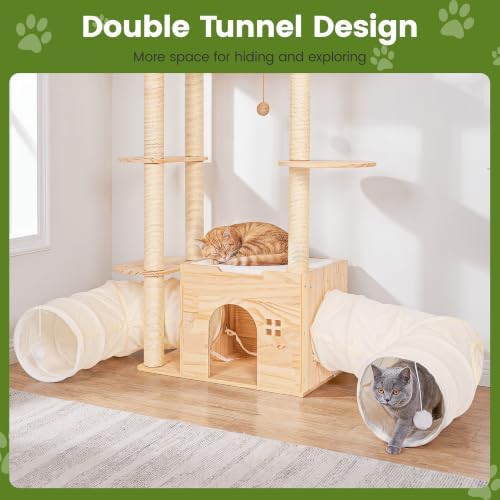 Tall wood cat tree with double tunnels — photo 4