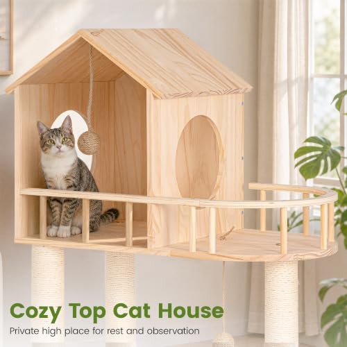 Tall wood cat tree with double tunnels — photo 5