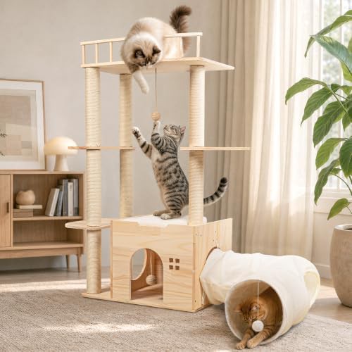 Wood cat tower with single tunnel
