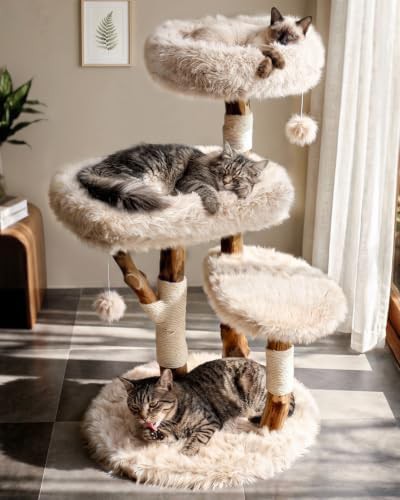 Natural wood cat tower with real branch
