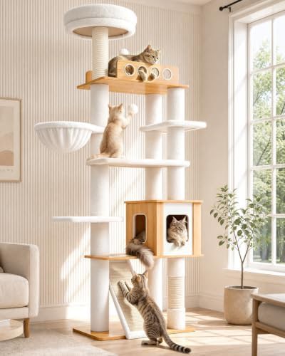 Tall wood cat tree with solid platforms