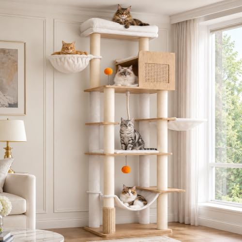 Wooden cat tower with rattan condo