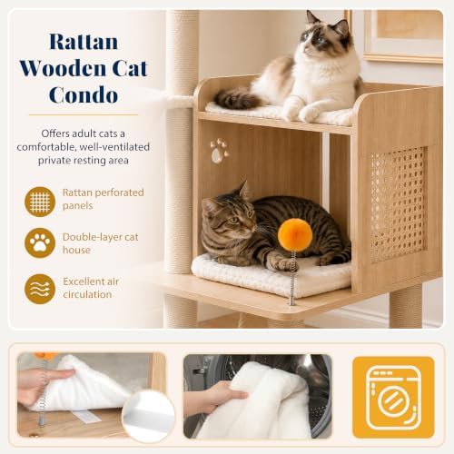 Wooden cat tower with rattan condo — photo 3