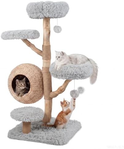 Grey modern wooden tower with scratching posts