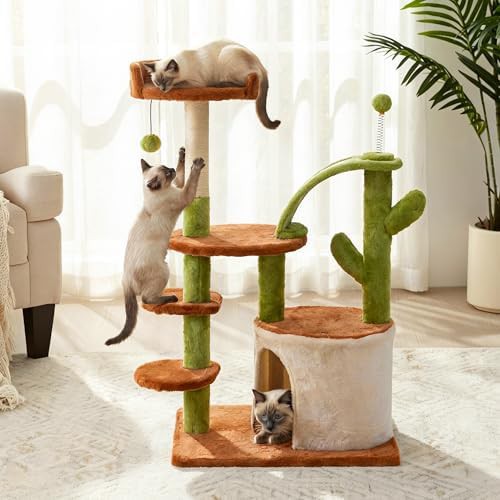 Brown cactus themed multi level cat tower