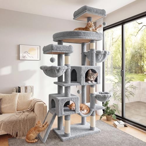 Tall grey plush cat tree with hammock