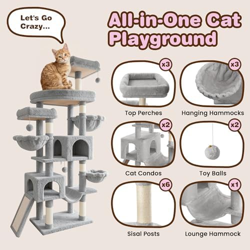 Tall grey plush cat tree with hammock — photo 3