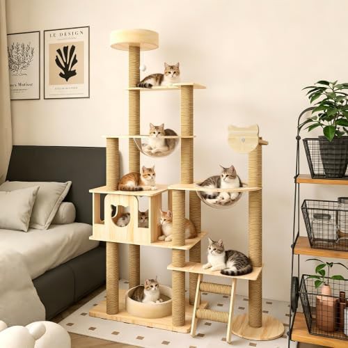 Tall wooden cat tree with dual space capsules — photo 5